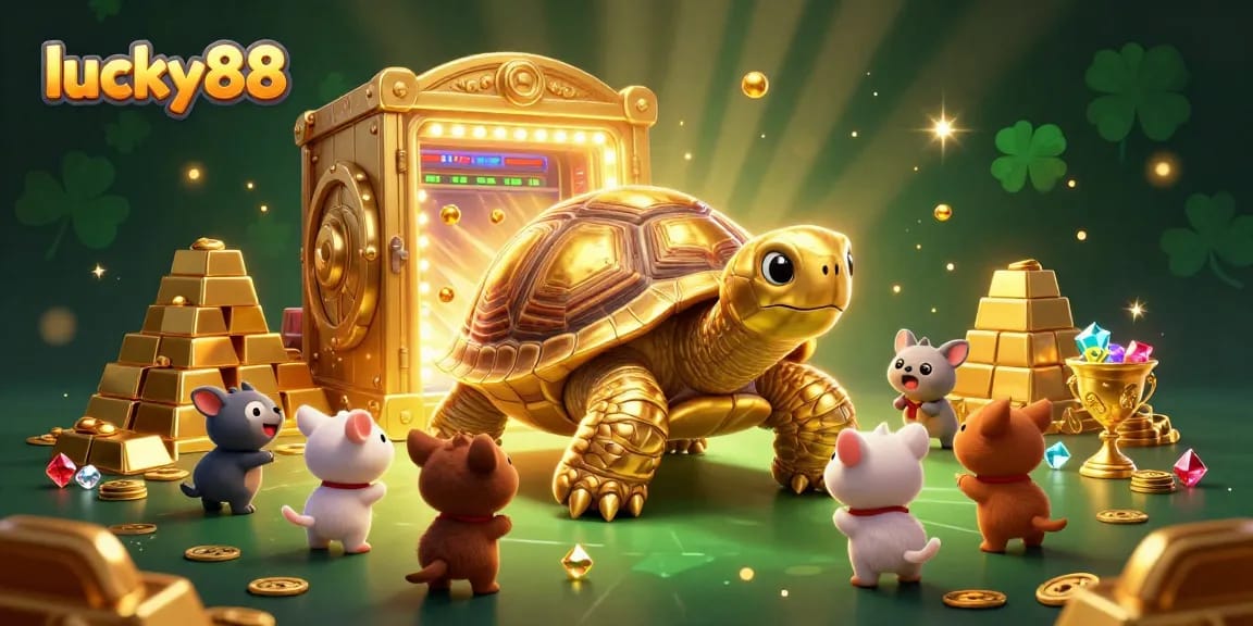 Experience the excitement of lucky88 as a golden tortoise pinball machine and small animals play in a treasure-filled casino.