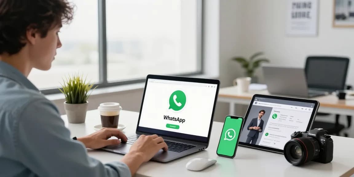 Downloading WhatsApp下載 on a sleek laptop in a modern tech workspace filled with gadgets and a bright atmosphere.
