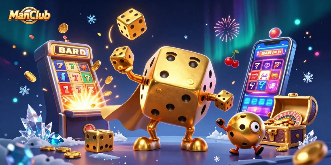Experience ManClub's lively casino scene with a golden dice golem, jackpot explosions, and dynamic gaming elements.
