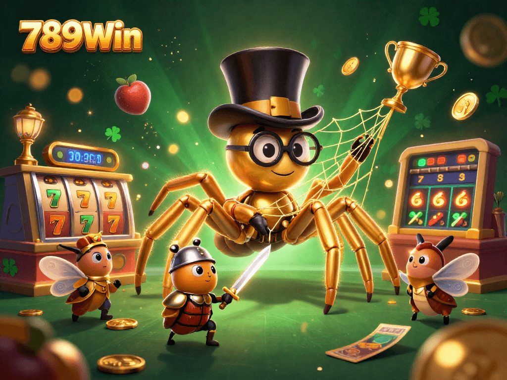 Experience thrilling action at 789Win with a 3D casino scene featuring a golden tarantula and enchanting game elements.
