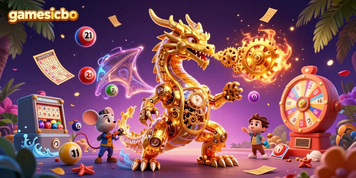 Experience the excitement of gamesicbo with a vibrant dragon and dynamic lottery elements.