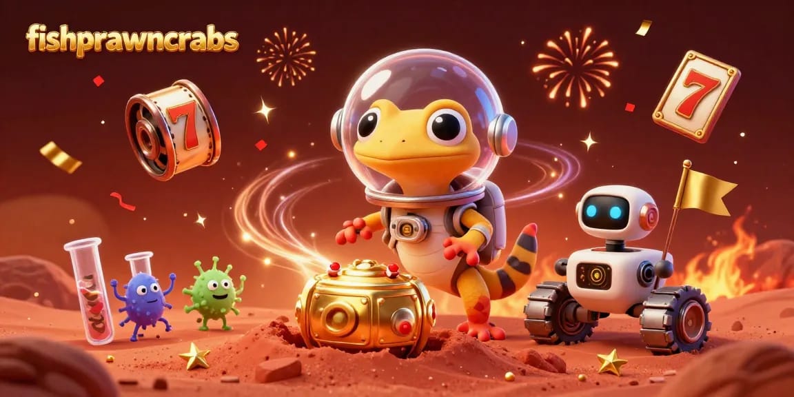 Win big at fishprawncrabs with a Martian gecko discovering a golden casino in a festive scene.