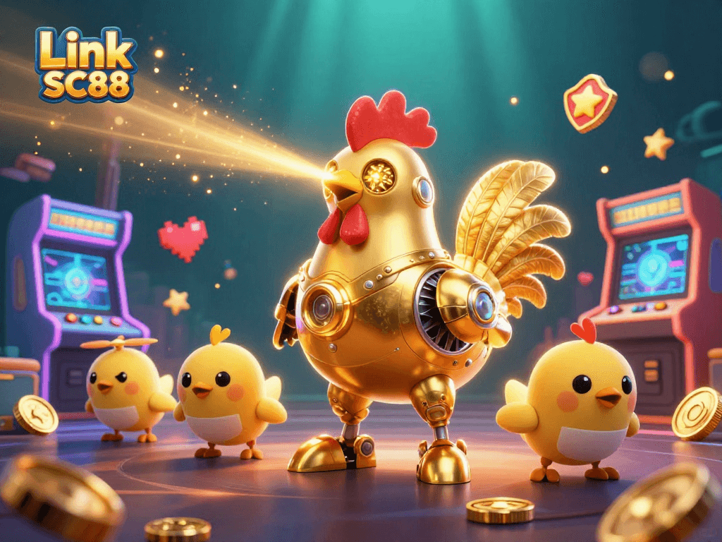 Engage in the thrill of gaming with Link SC88, featuring a vibrant 3D scene of a golden rooster robot amidst casino elements.