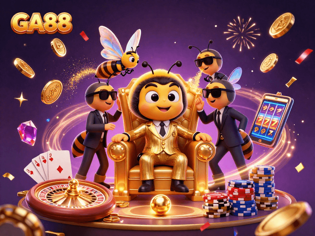 Experience the thrill of GA88 with a vivid scene of a bumblebee mob boss and casino elements.