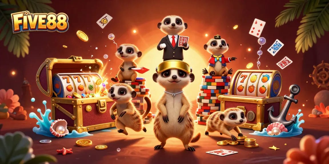 Winning at FIVE88 Casino: Meerkats orchestrating a lively casino game showdown.