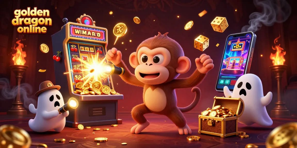 Experience the excitement of golden dragon online with a mischievous monkey and a curious puppy in a thrilling casino scene.