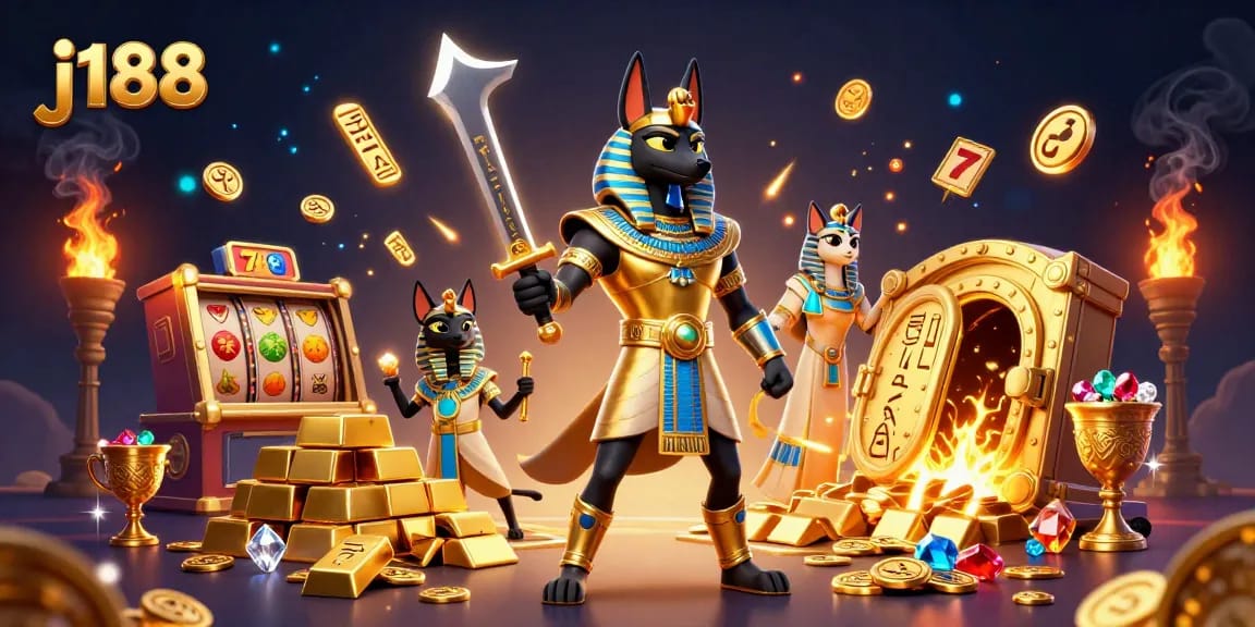 Engage in thrilling j188 experiences with ancient Egyptian warriors amidst glowing treasures and vibrant casino elements.