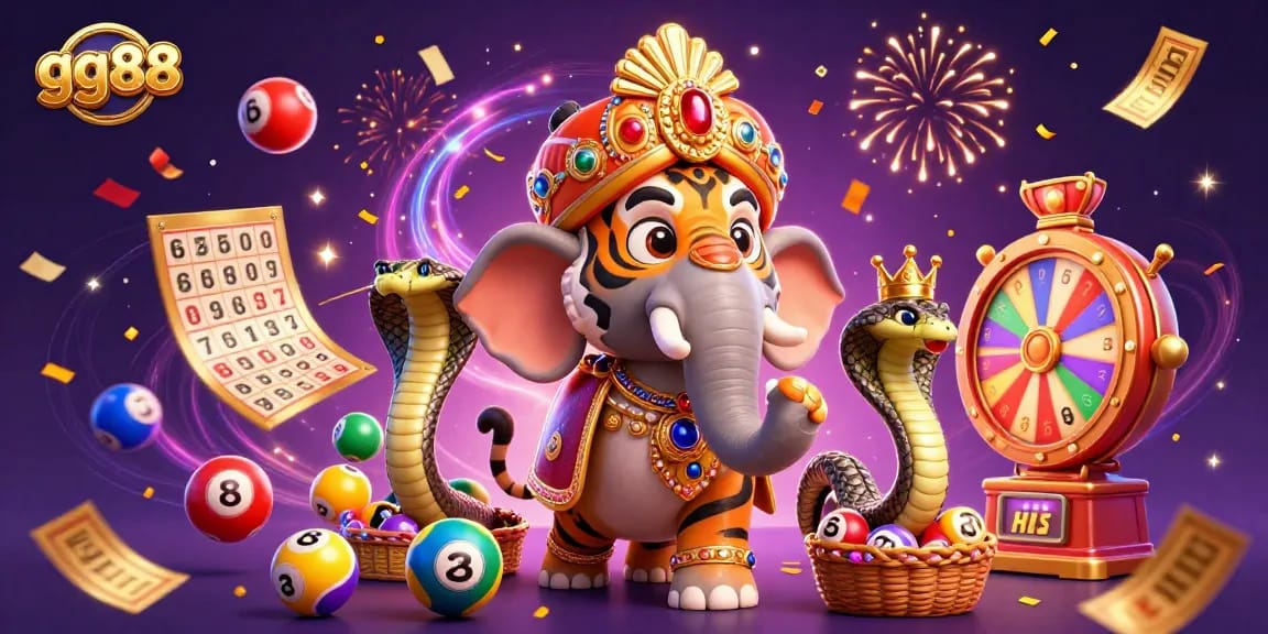 Engage with GG88's vibrant gambling excitement, featuring a dynamic 3D illustration of games, prizes, and celebration.