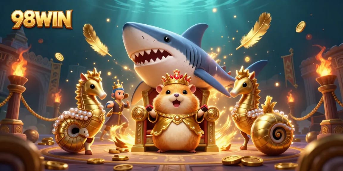 Watch the fierce golden hamster king rule his casino kingdom in the vibrant 98WIN illustration.