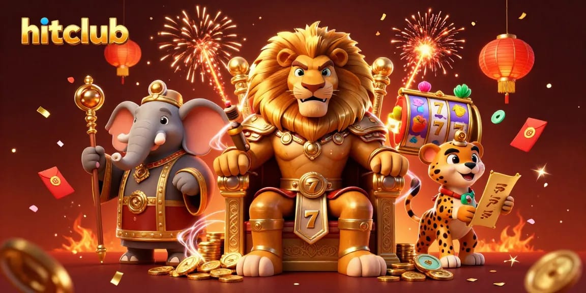 Experience winning strategies at hitclub with a 3D lion king, elephant advisor, and cheetah messenger in a vibrant casino scene.