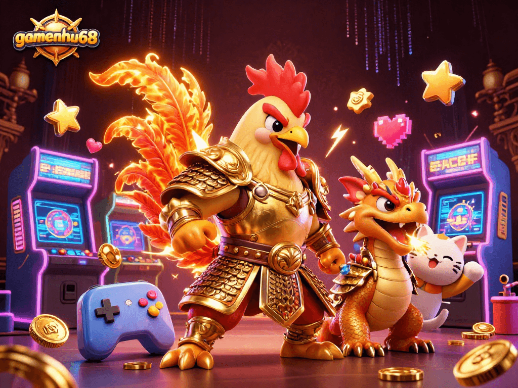 Experience thrilling gameplay with gamenohu68's vibrant casino scene featuring epic combat characters.