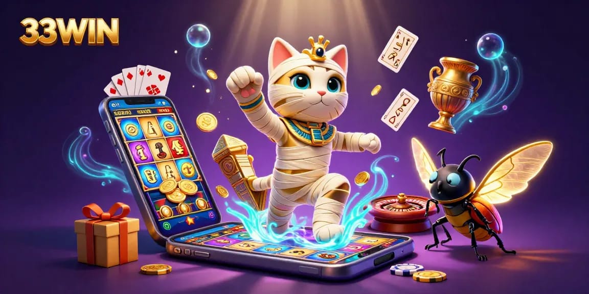 Engage in thrilling gameplay at 33WIN, featuring a fantastical scene with a mummy cat, golden coins, and vibrant slot games.