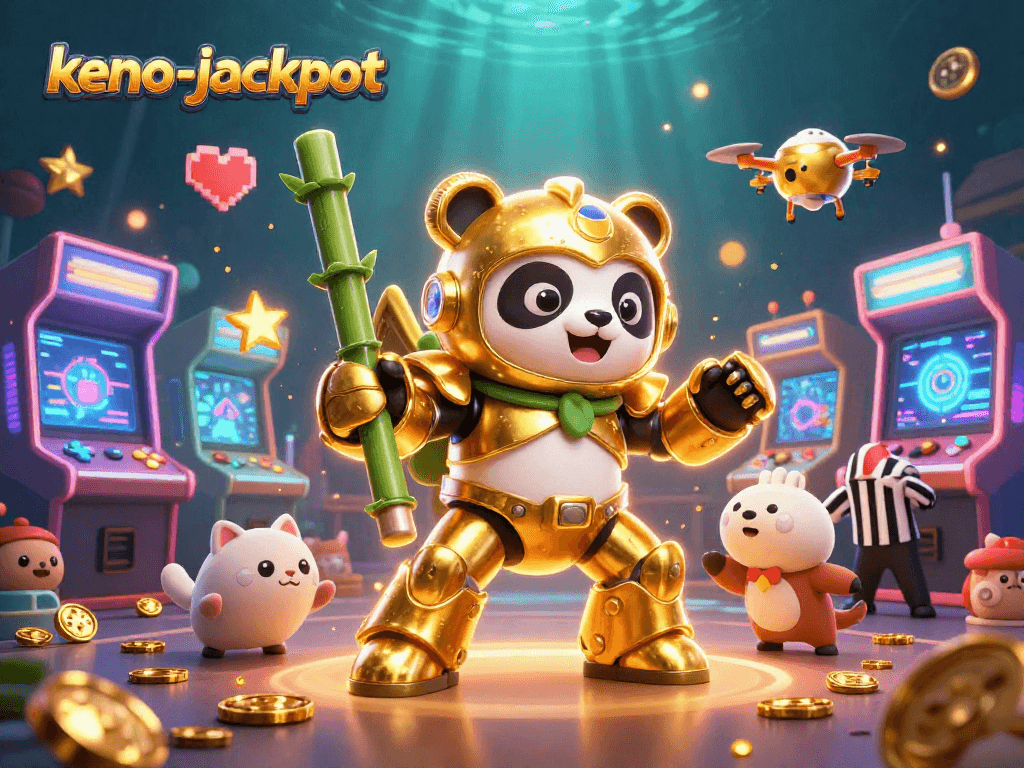 Keno-jackpot vibrant scene showcasing a golden panda in a futuristic arena with game elements