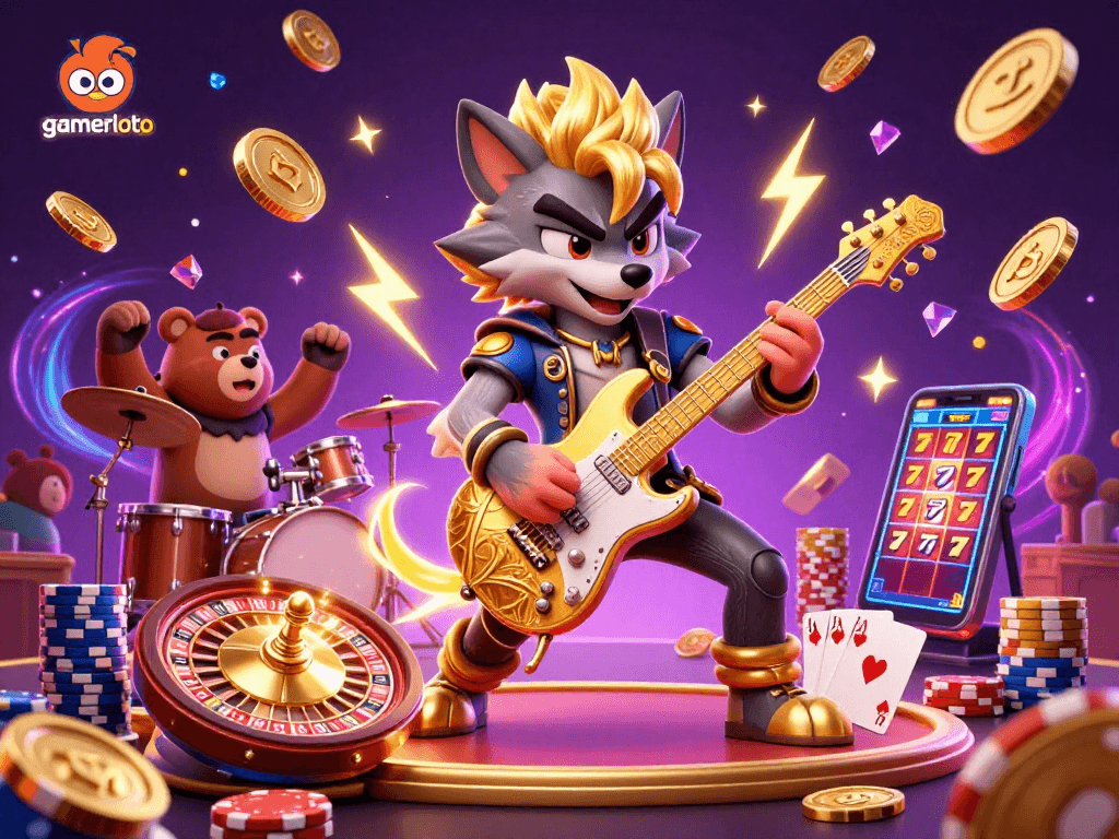 Gamerloto ignites excitement with a rock star wolf and drummer bear on a glittering casino stage.