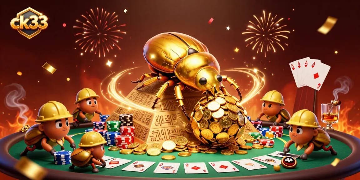 Engage with ck33's thrilling games featuring a massive golden beetle in a dynamic casino scene.