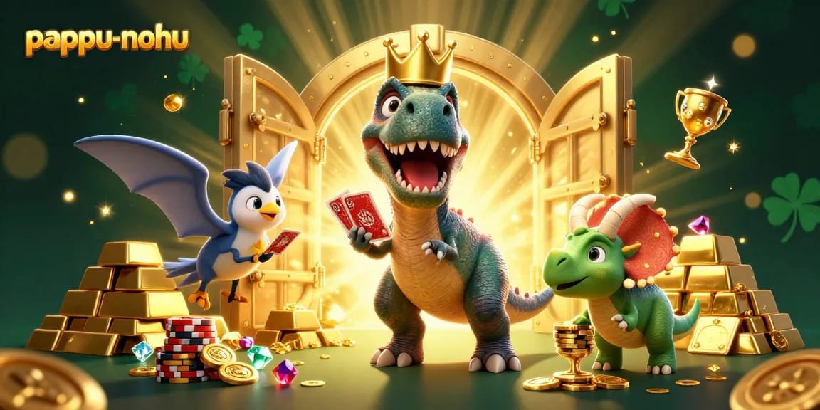 Pappu-nohu gaming scene with dino characters engaging in card games and stacking chips.