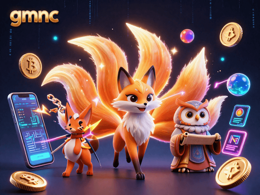 Spin the reels with gmnc's vibrant casino illustration showcasing colorful crypto elements.
