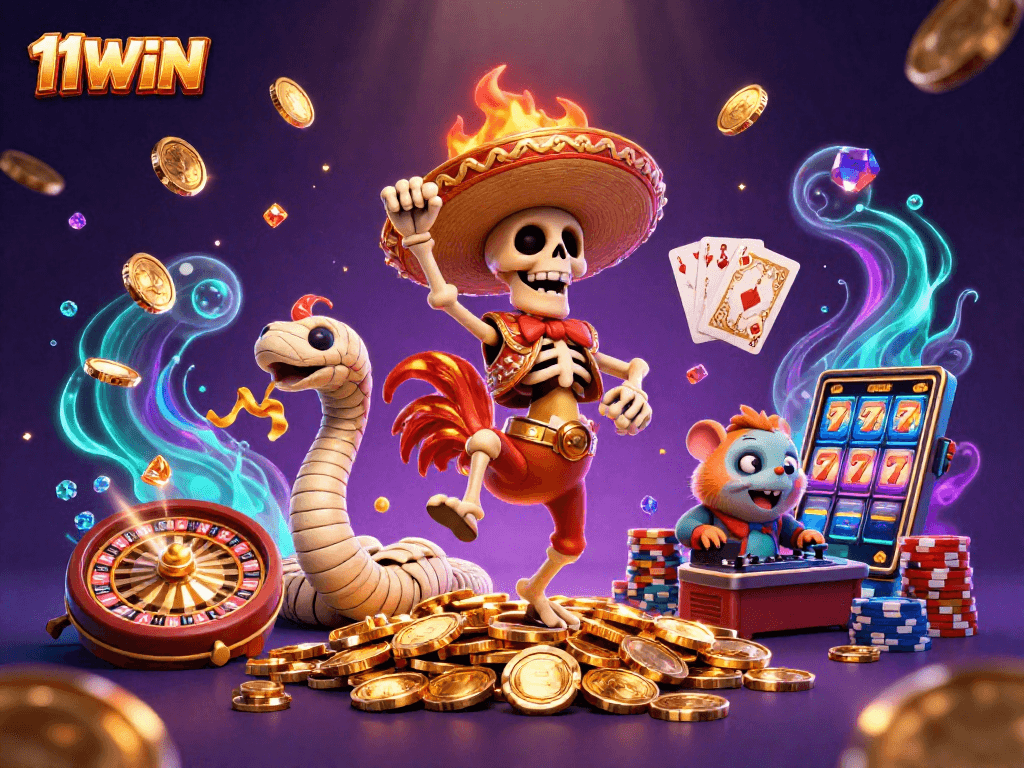 Experience thrilling wins at 11WIN with vibrant characters celebrating on golden coins amidst a dazzling casino setting.