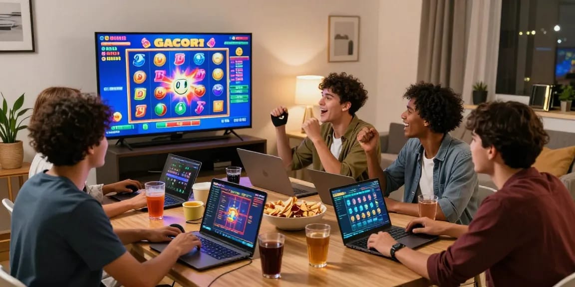 Friends enjoying a lively gambling session at home with slot gacor game on screen.