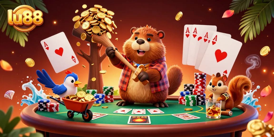 lu88 players enjoy a vibrant casino scene with golden coin rain, poker chips, and acorns.