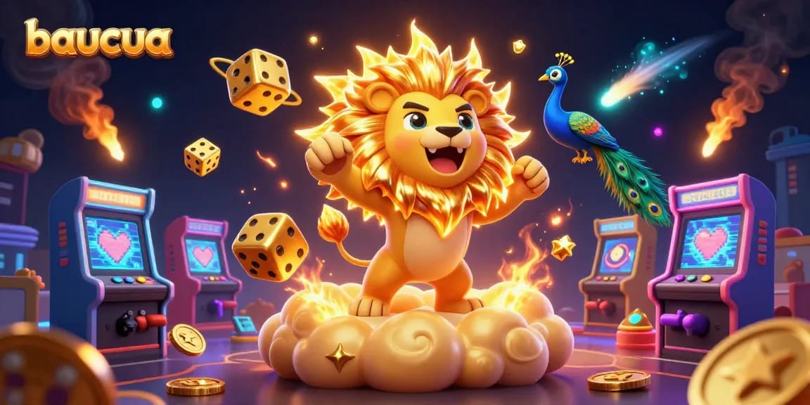 Join the thrilling baucua game as a stunning sun lion roars amidst vibrant gaming elements and rich visuals.