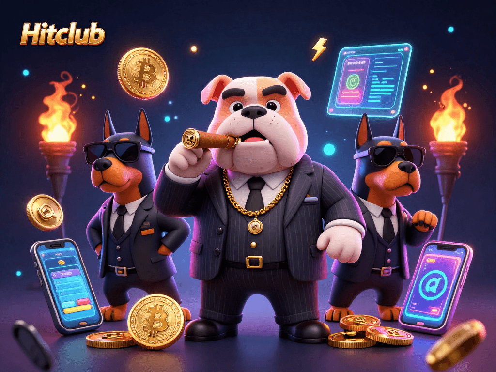 Experience thrilling action at Hitclub with mafia-themed 3D illustration showcasing bold characters and vibrant crypto elements.