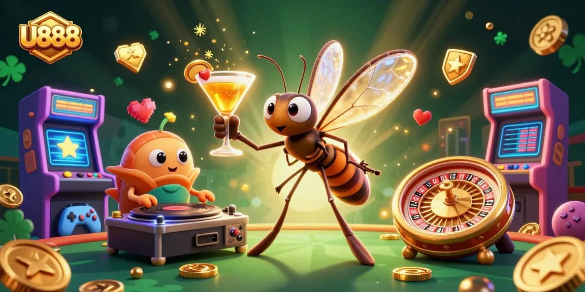 Engage in thrilling gaming experiences at U888 with vibrant casino characters and golden roulette.