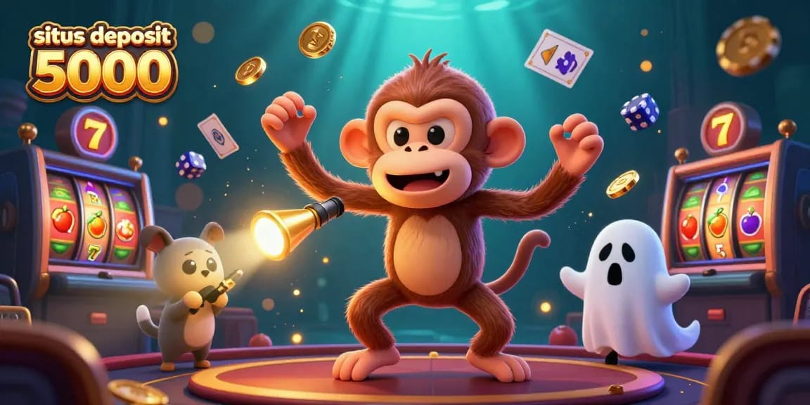 Engage with exciting slots action in this vibrant scene showcasing situs deposit 5000, featuring a playful ghostly monkey and a curious puppy.