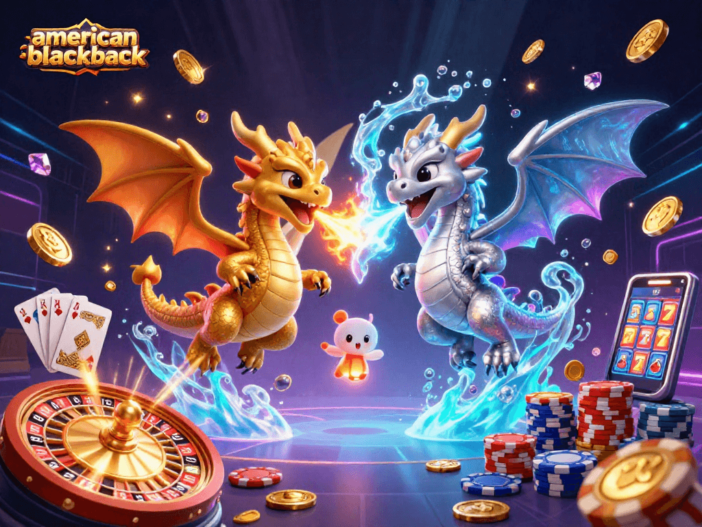 Play american-blackjack with vibrant 3D visual featuring dragons, coins and casino elements.