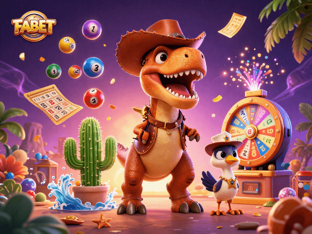 Experience winning moments with FABET as colorful slots and cash prizes burst around vibrant characters.