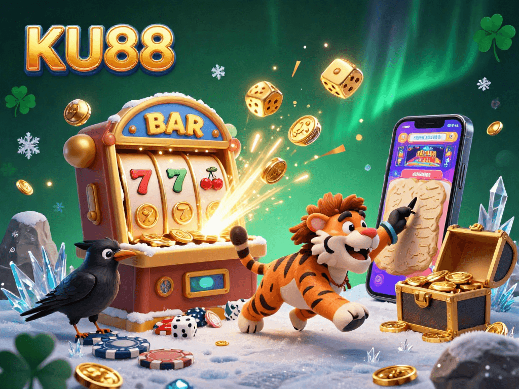 Experience the excitement at KU88 with a vibrant 3D casino scene featuring cartoon characters, jackpots, and more.