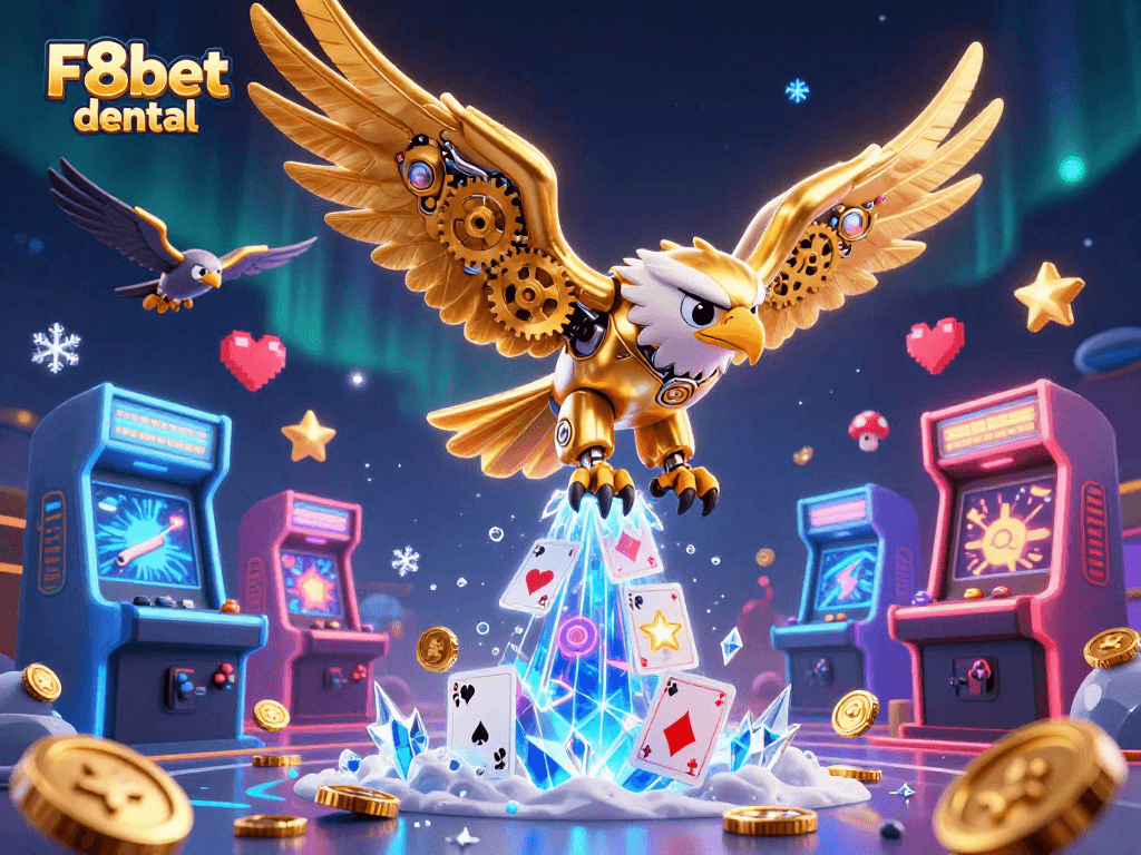 Engage with F8bet dental's vibrant gaming scene featuring an eagle soaring through playing cards.