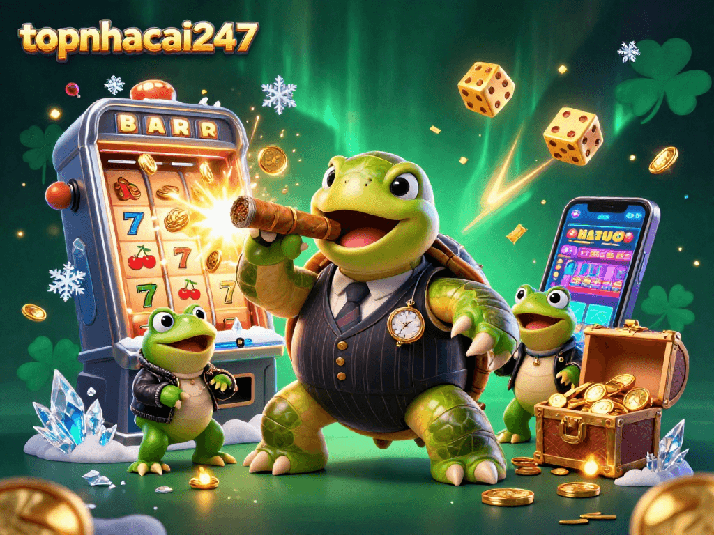 Experience thrilling coin flips with topnhacai247 as a snapping turtle and bullfrogs bring the casino alive with dynamic energy.