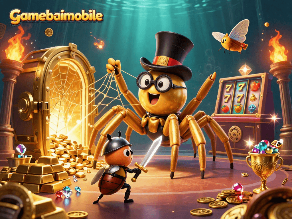 Spin to win with gamebaimobile's vibrant 3D casino scene filled with treasures and excitement.