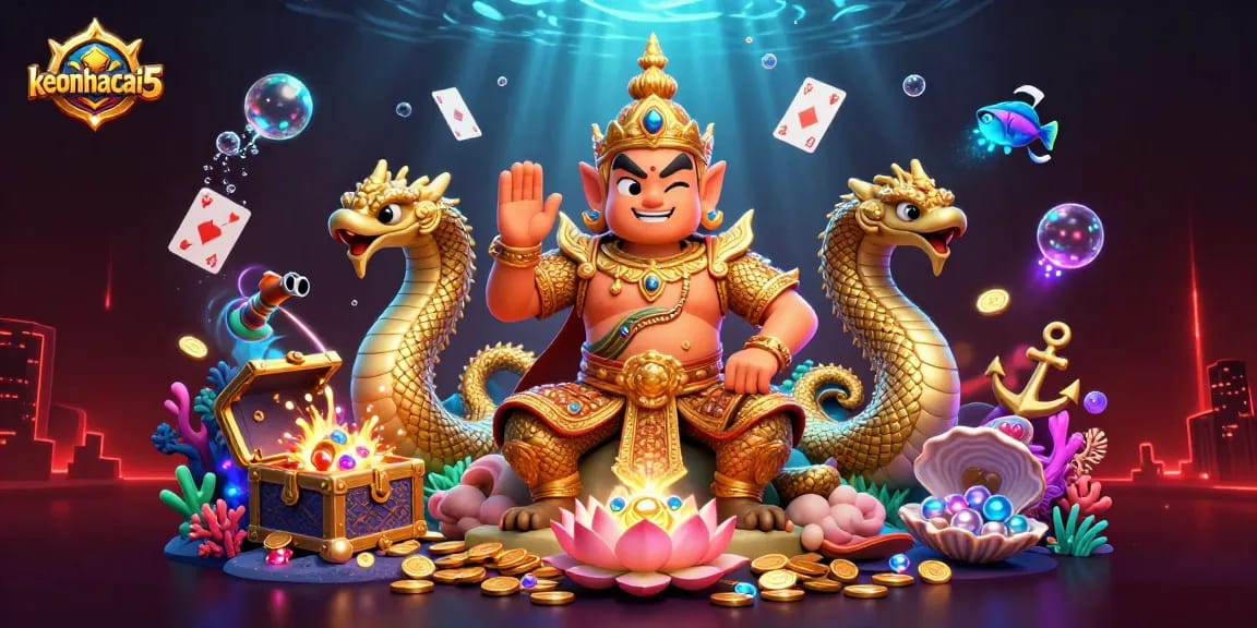 Experience keonhacai5 with vibrant casino-themed 3D illustration featuring treasure and lively characters.