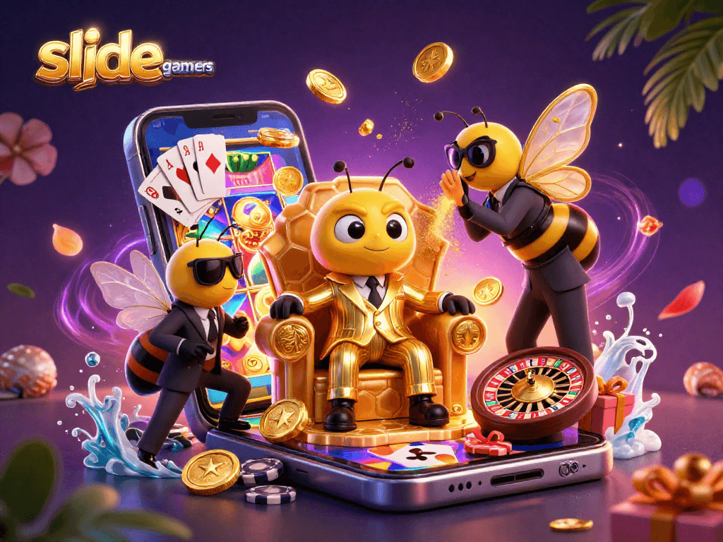 Engage with slidegamers to win big as a cartoon bumblebee mob boss oversees a vibrant casino scene.