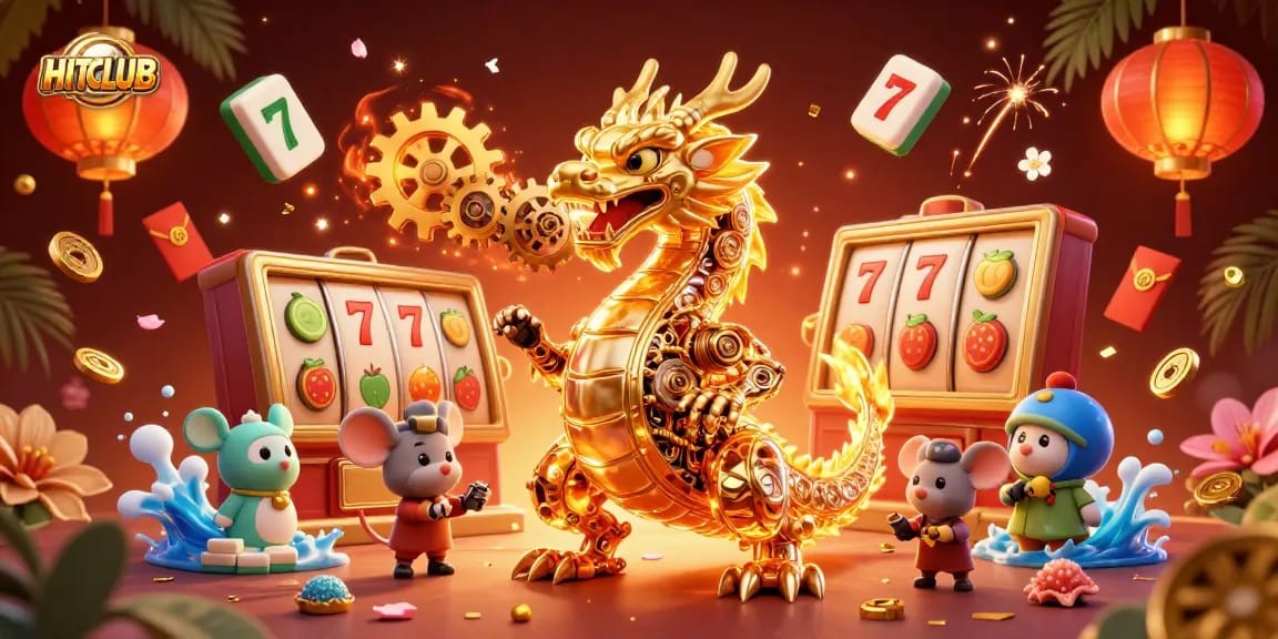Engage with HITCLUB's thrilling slots and jackpots featuring a golden dragon and vibrant gaming elements.