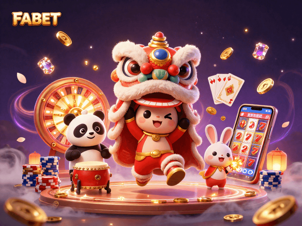 Experience the thrill of FABET with dynamic casino illustrations featuring lively characters and dazzling gambling elements.