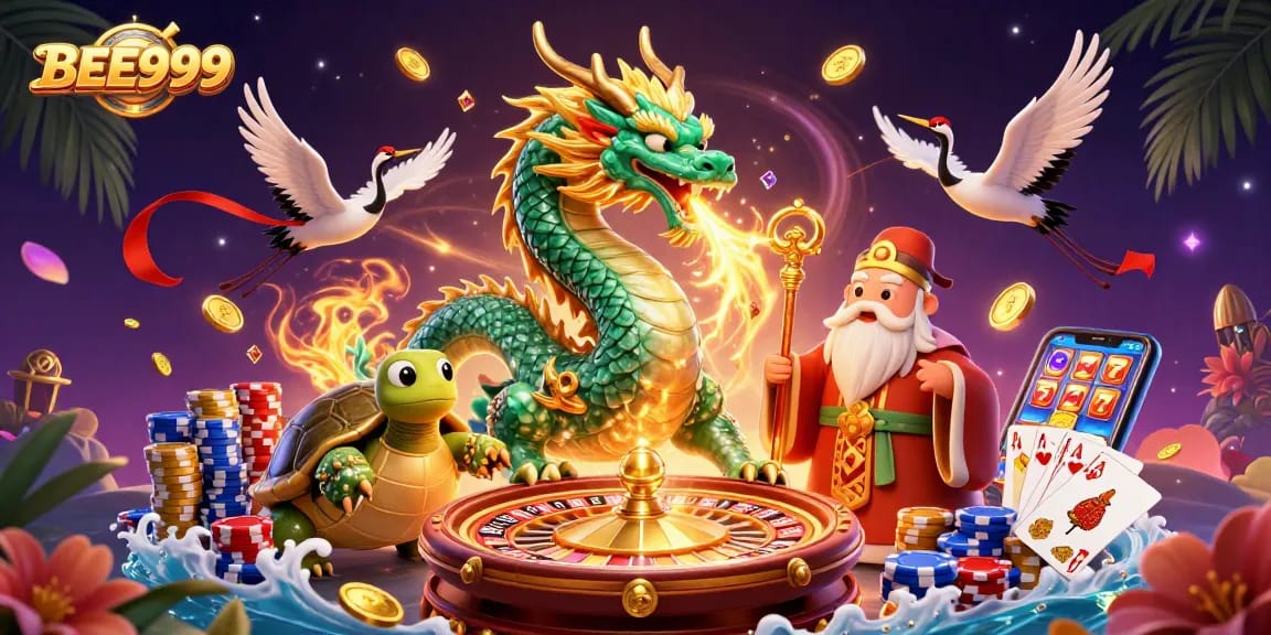 BEE999 offers vibrant 3D dragons, turtles, and cranes amidst sparkling casino elements and gameplay.