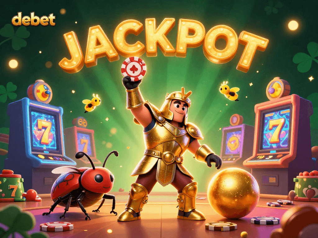 Celebrate your winnings with debet at the vibrant casino scene featuring cartoon characters and jackpots.
