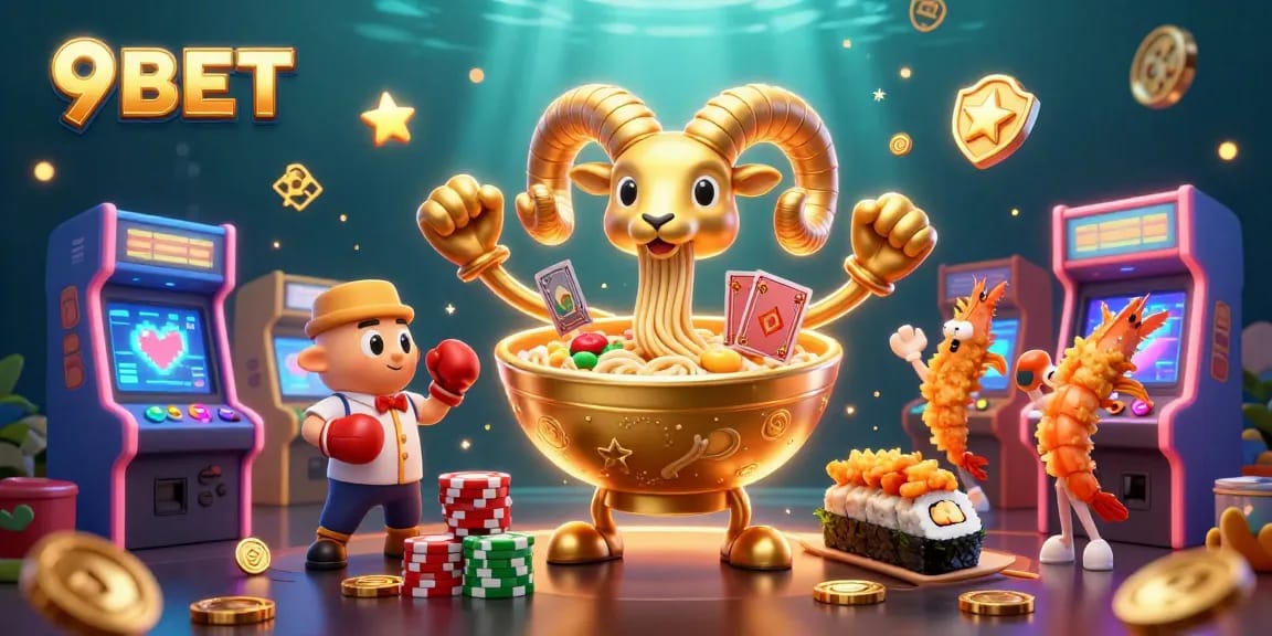 Engage in thrilling card games with 9BET in a vibrant casino scene featuring fun characters.