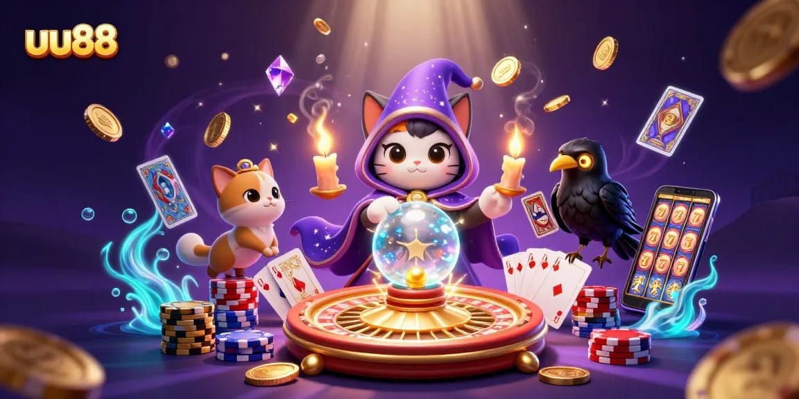 uu88 entertains players with vibrant slots and casino games, featuring a mystic cat and thrilling effects.