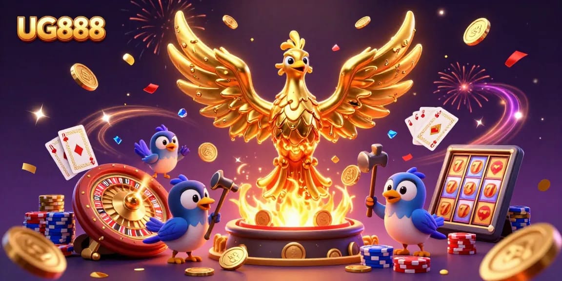 Experience the excitement of UG888 with a vibrant 3D casino scene featuring a golden phoenix and rich game elements.