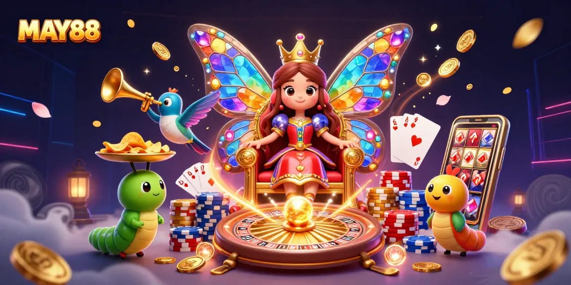 MAY88 showcases a colorful casino scene with a butterfly queen and gaming elements.