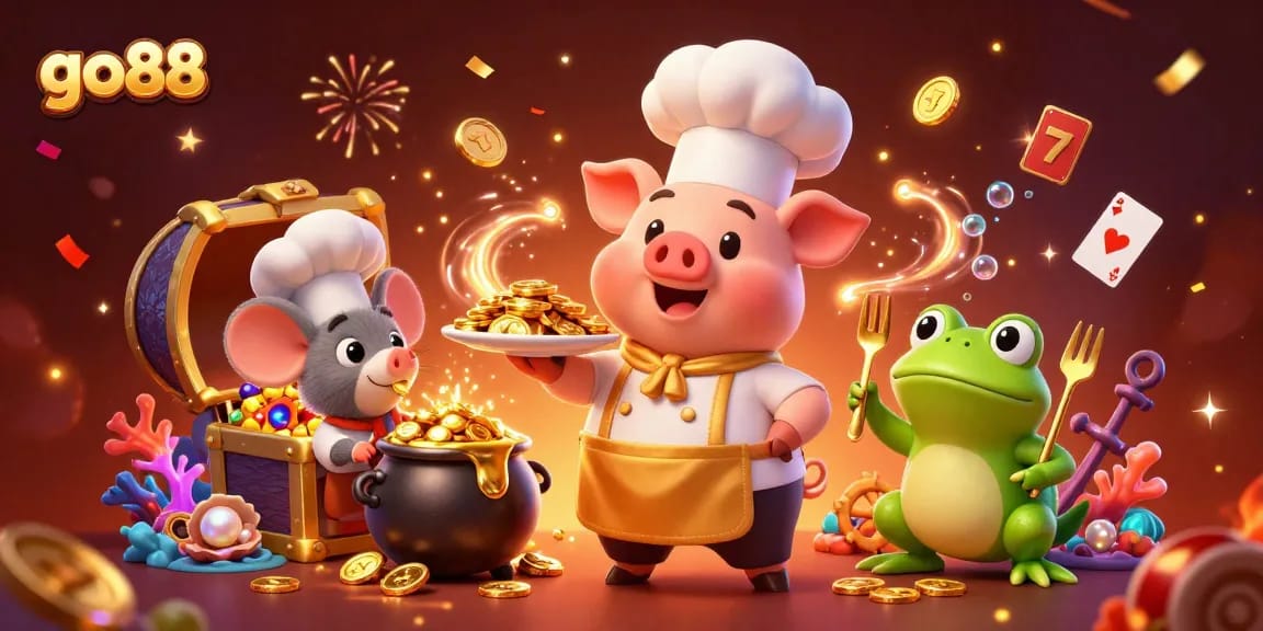 Experience the thrill of go88 with vibrant characters and casino elements celebrating winnings.