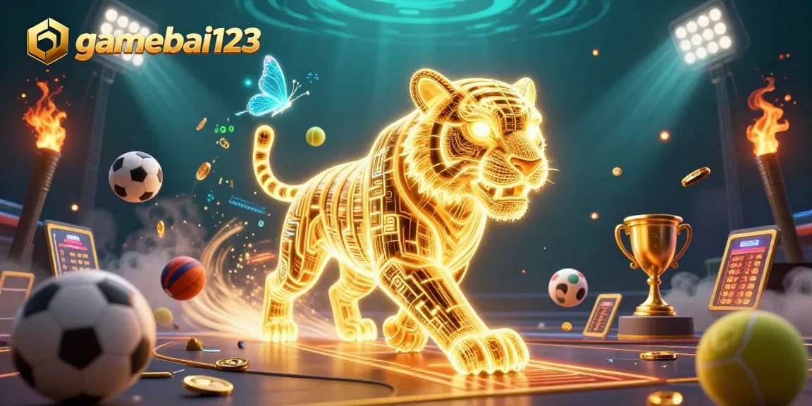 Experience live-action gaming thrills with gamebai123, featuring a golden tiger in a vibrant casino.