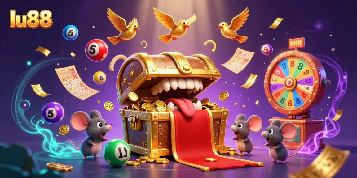 Engage with the thrill of lu88 as treasure chest mimics attract adventurer mice amidst colorful lottery elements.