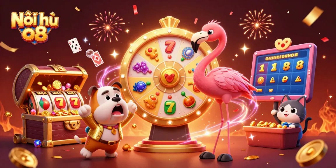 Win big with Nổi hũ o8 while spinning the jackpot wheel surrounded by treasure and excitement!