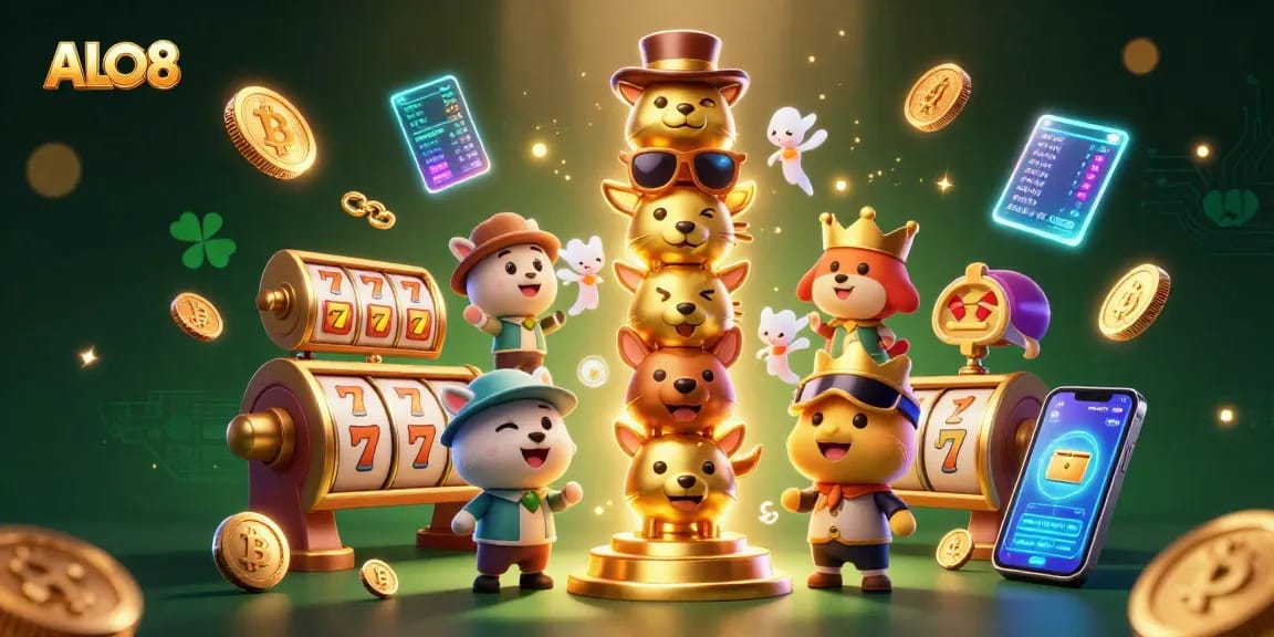 Experience thrilling ALO8 gameplay with a vibrant 3D casino illustration featuring mystical totem and crypto elements.