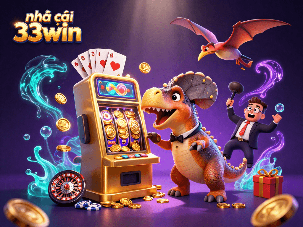 Engage with nhà cái 33win as a 3D pachycephalosaurus wins jackpot coins from a golden slot machine in an animated casino scene.